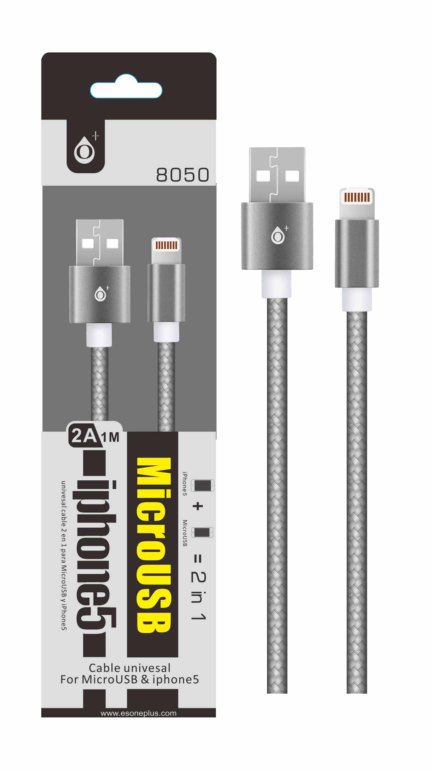 8050 GR Cable de dato 2 en 1 para Micro USB Y IP 5/6/7 2A Gris