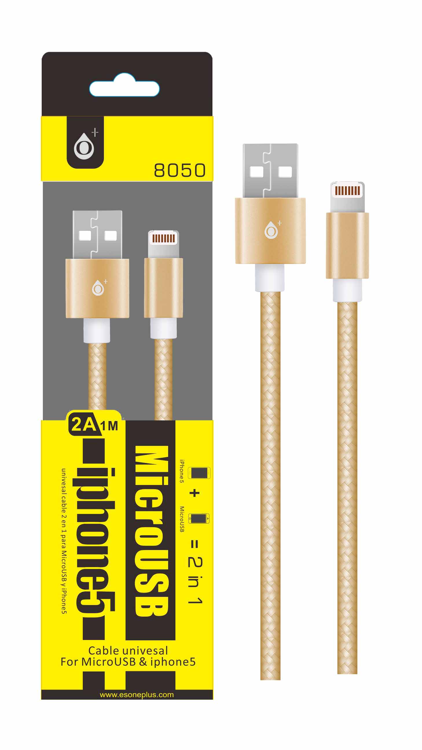 8050 OR Cable de dato 2 en 1 para Micro USB Y iP 5/6/7 2A Oro