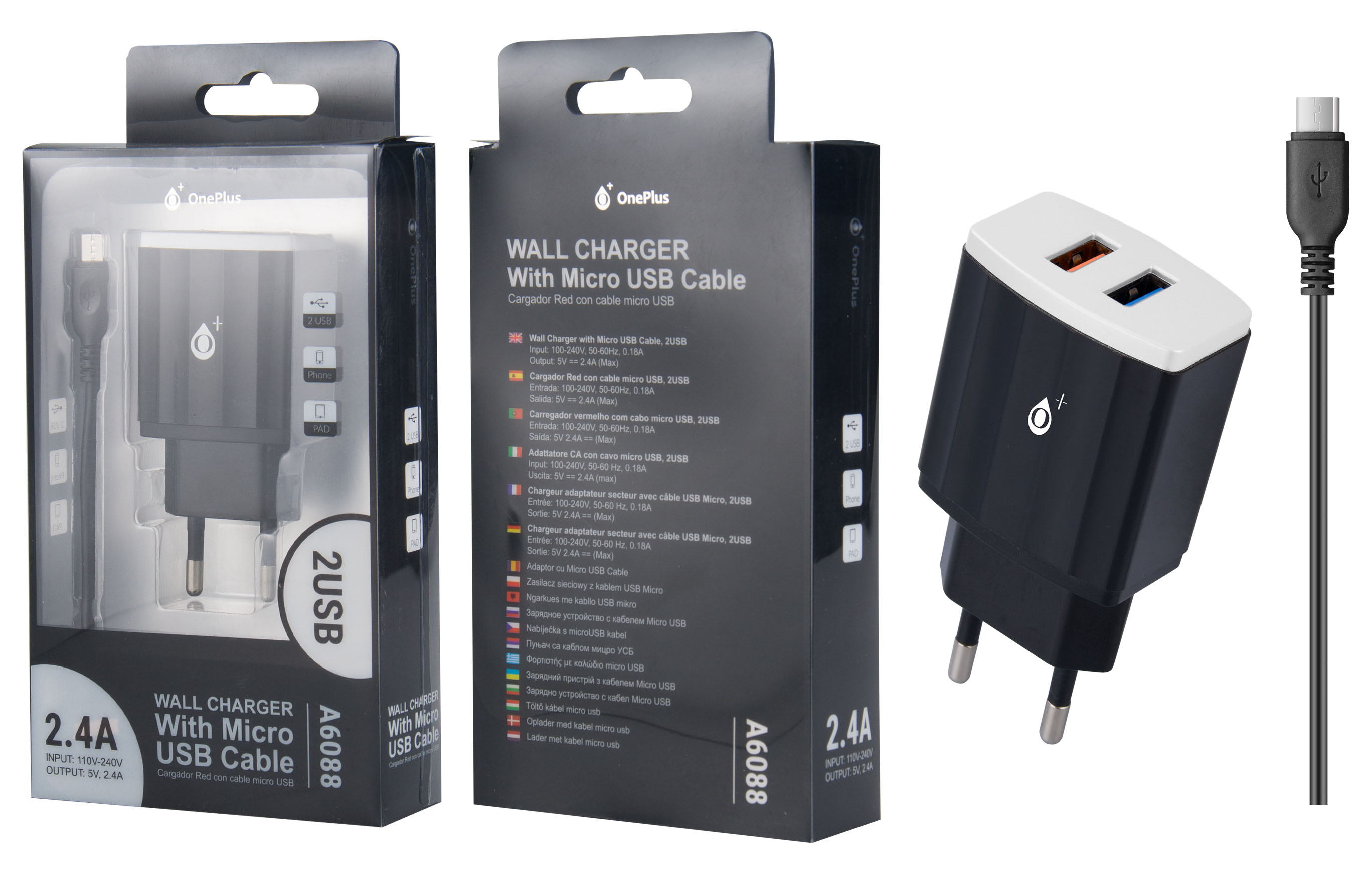 A6088 NE+BL Cargador Red Waves con Cable para Micro USB, 2USB 2,4A, Negro y Blanco