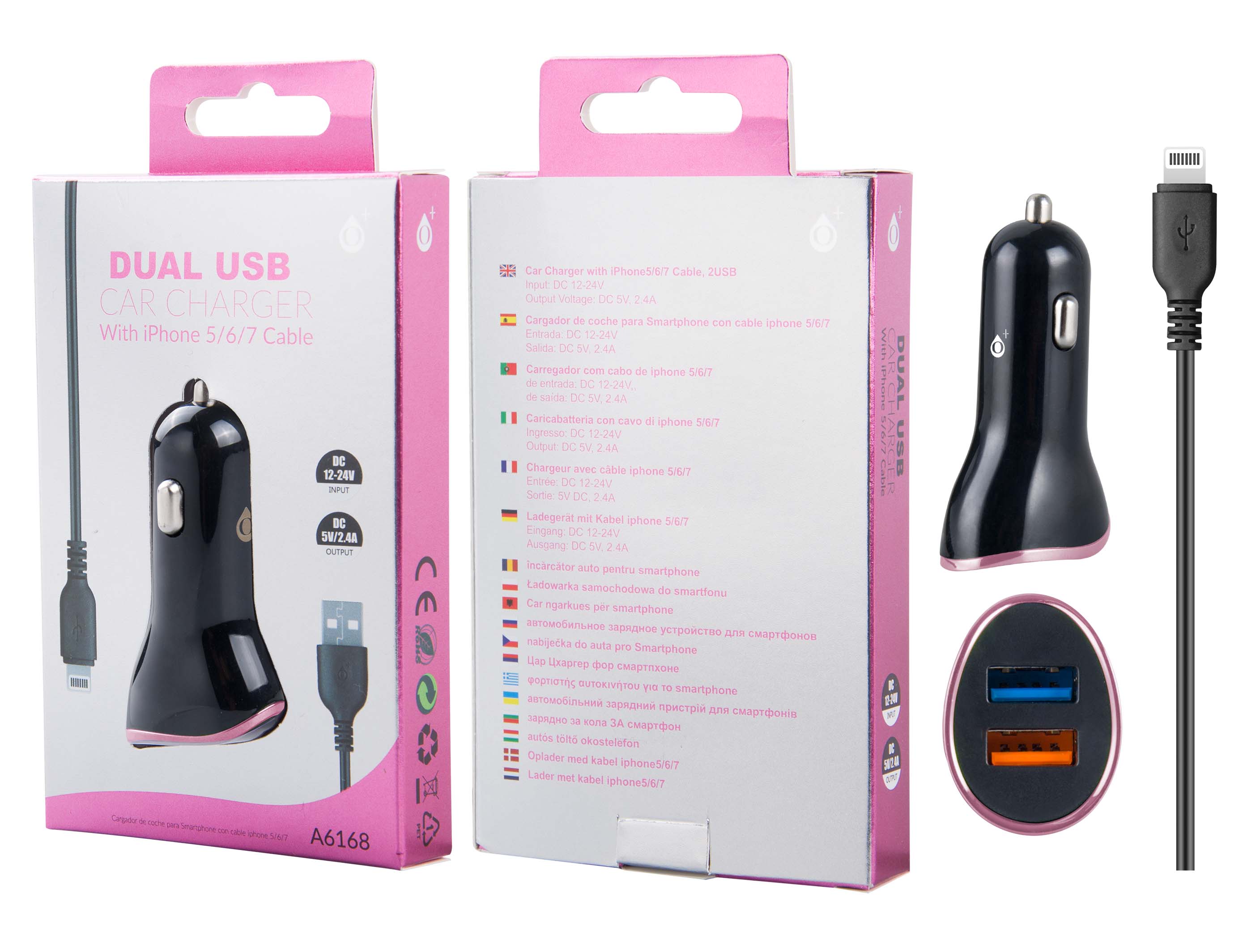 A6168 NE+RS Cargador Mechero Yoga con Cable para Iphone 5/6/7, 2USB 2.4A, Negro y Rosa