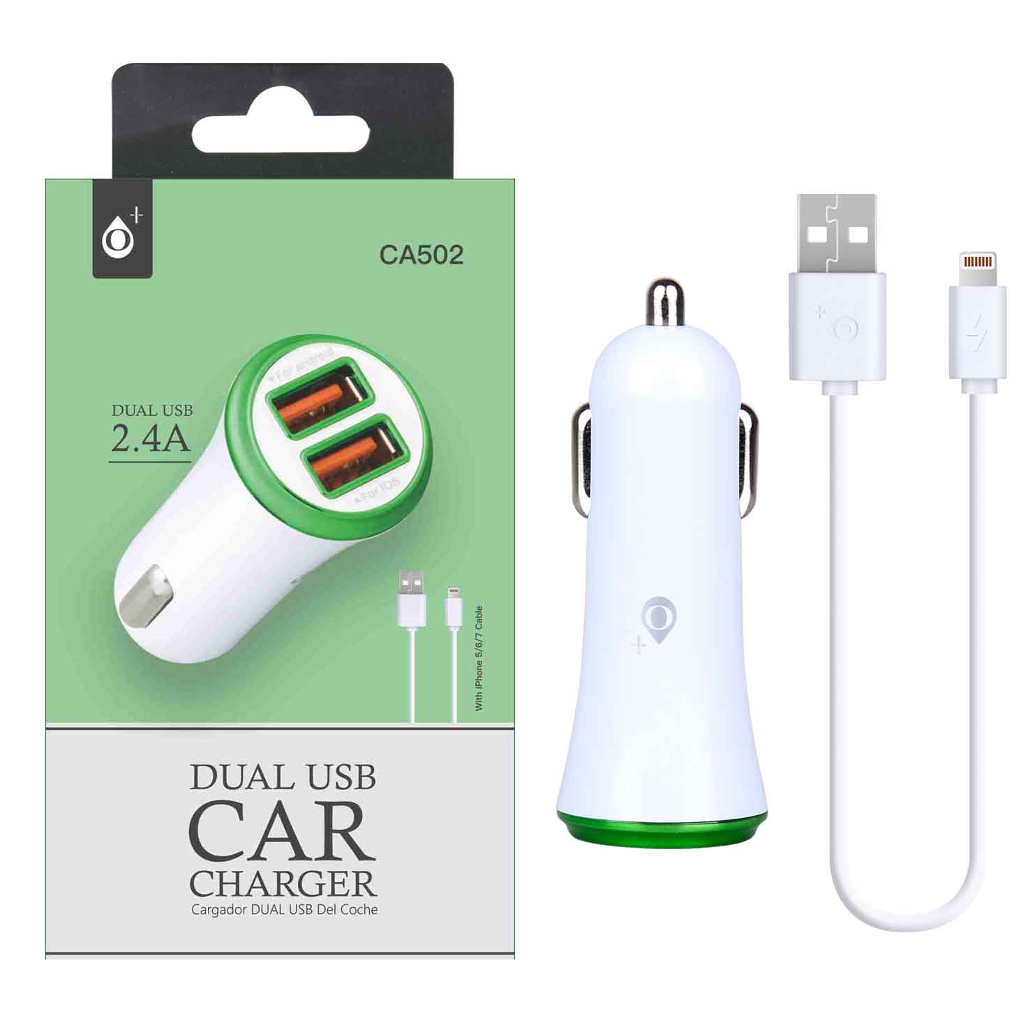 CA502 VE Cargador Mechero Flaca para Iphone 5/6/7 con 2USB, 2,4A Blanco Anilla Verde