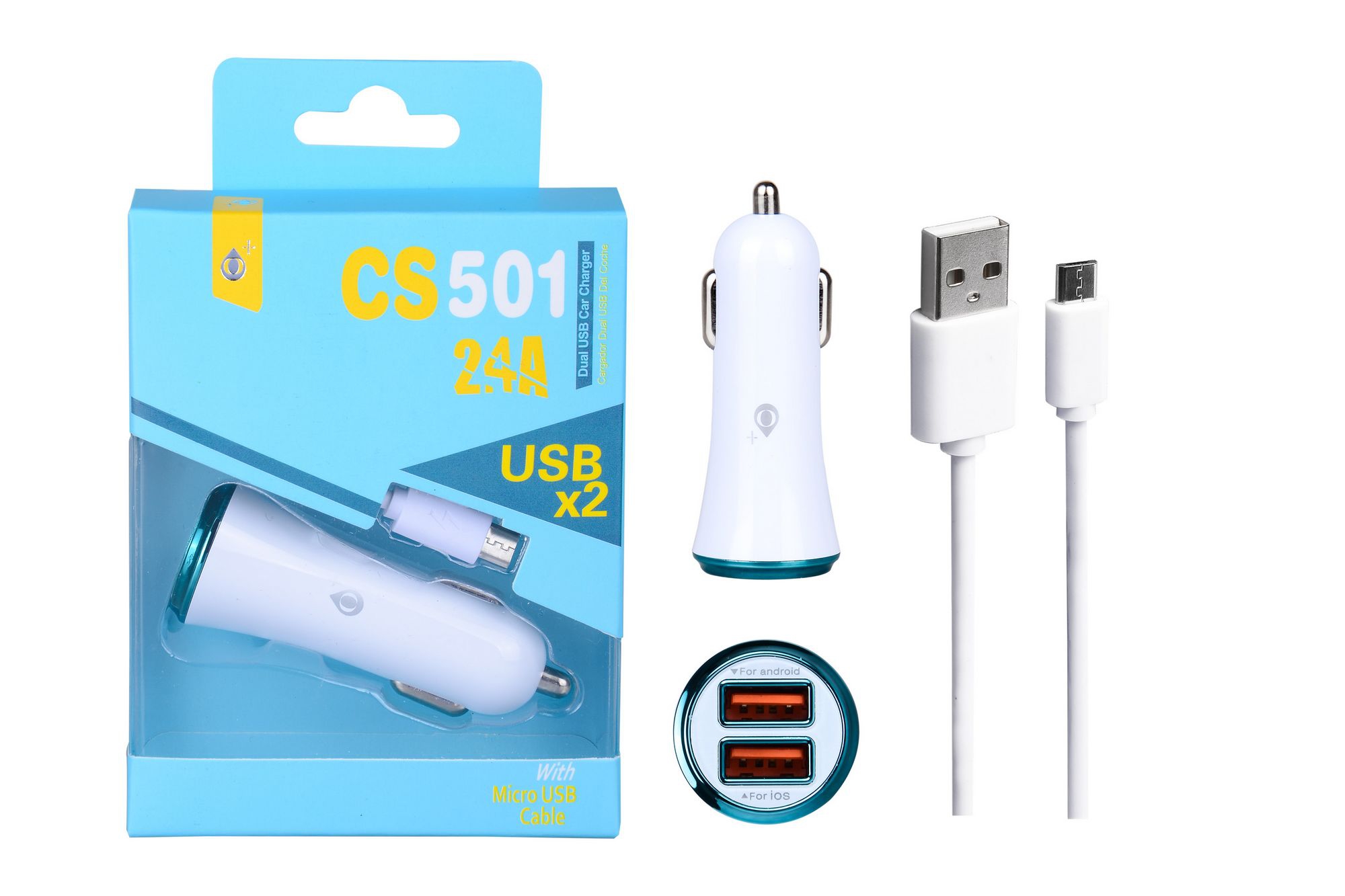 CS501-AZ Cargador Mechero Flaca 2USB con cable Micro USB 2,4mAh Anilla Azul