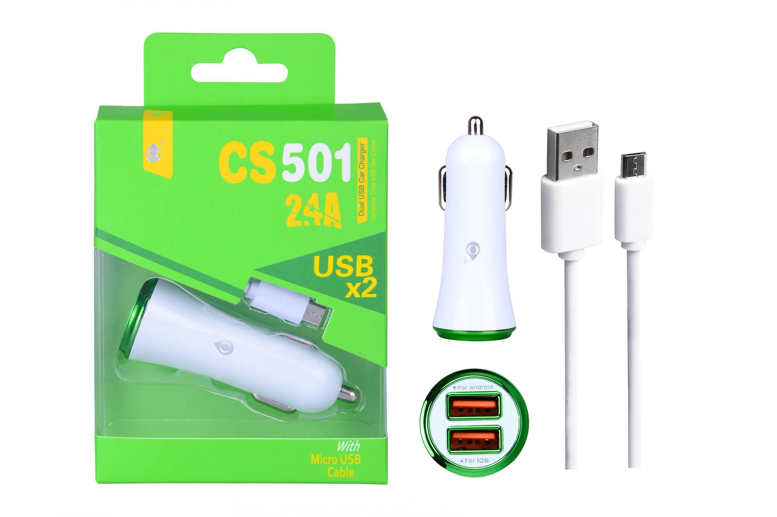 CS501 VE Cargador Mechero Flaca para Micro USB con 2USB, 2,4A Anilla Verde