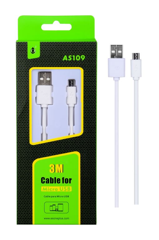 Cable de dato Micro USB 1A, 3M - Blanco AS109