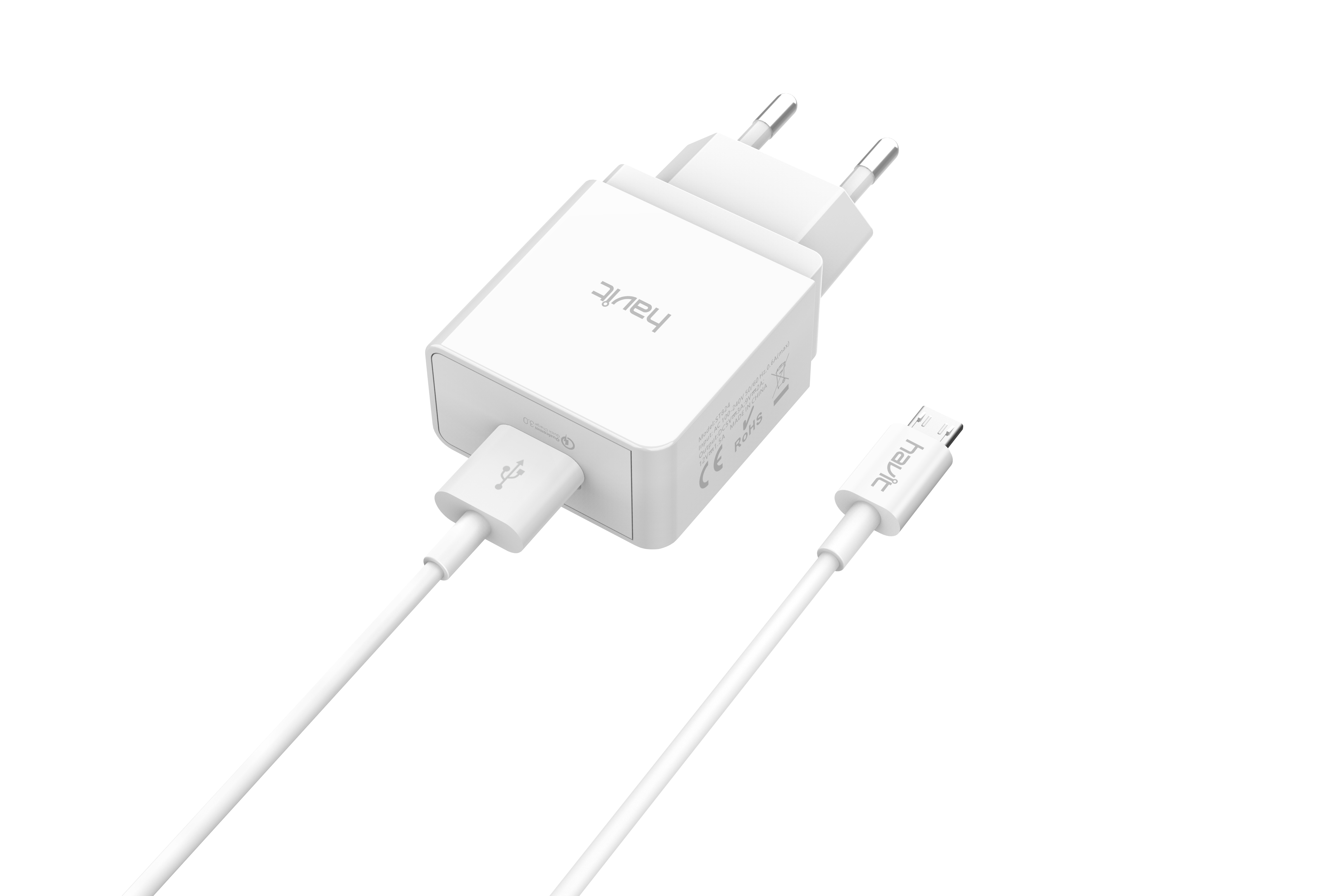 Cargador USB Quickcharge 3.0 5V 3.0A Con Cable MicroUSB HV-ST824 Blanco