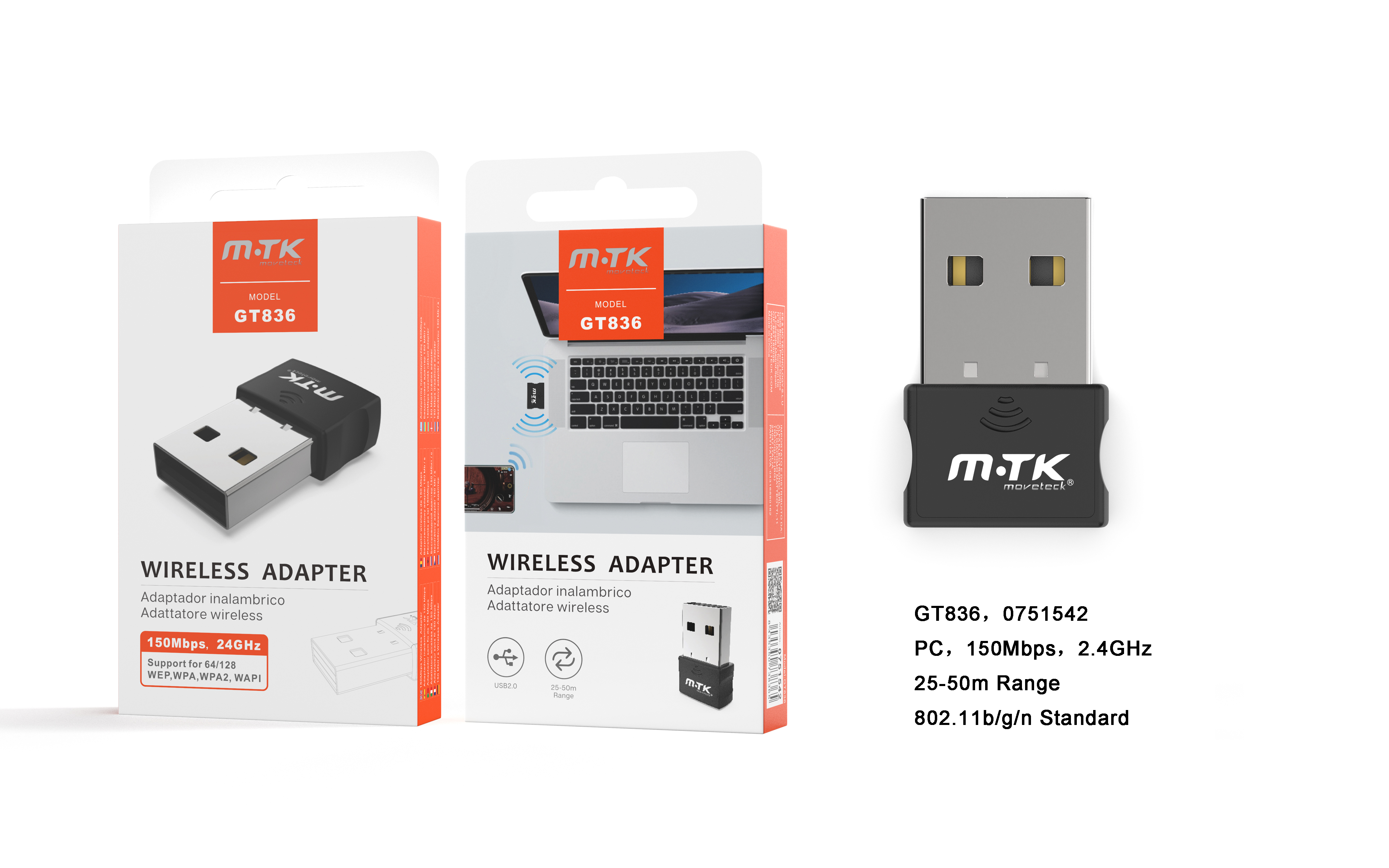 GT836 Mini Adaptador Wifi - USB, 150Mbps Negro