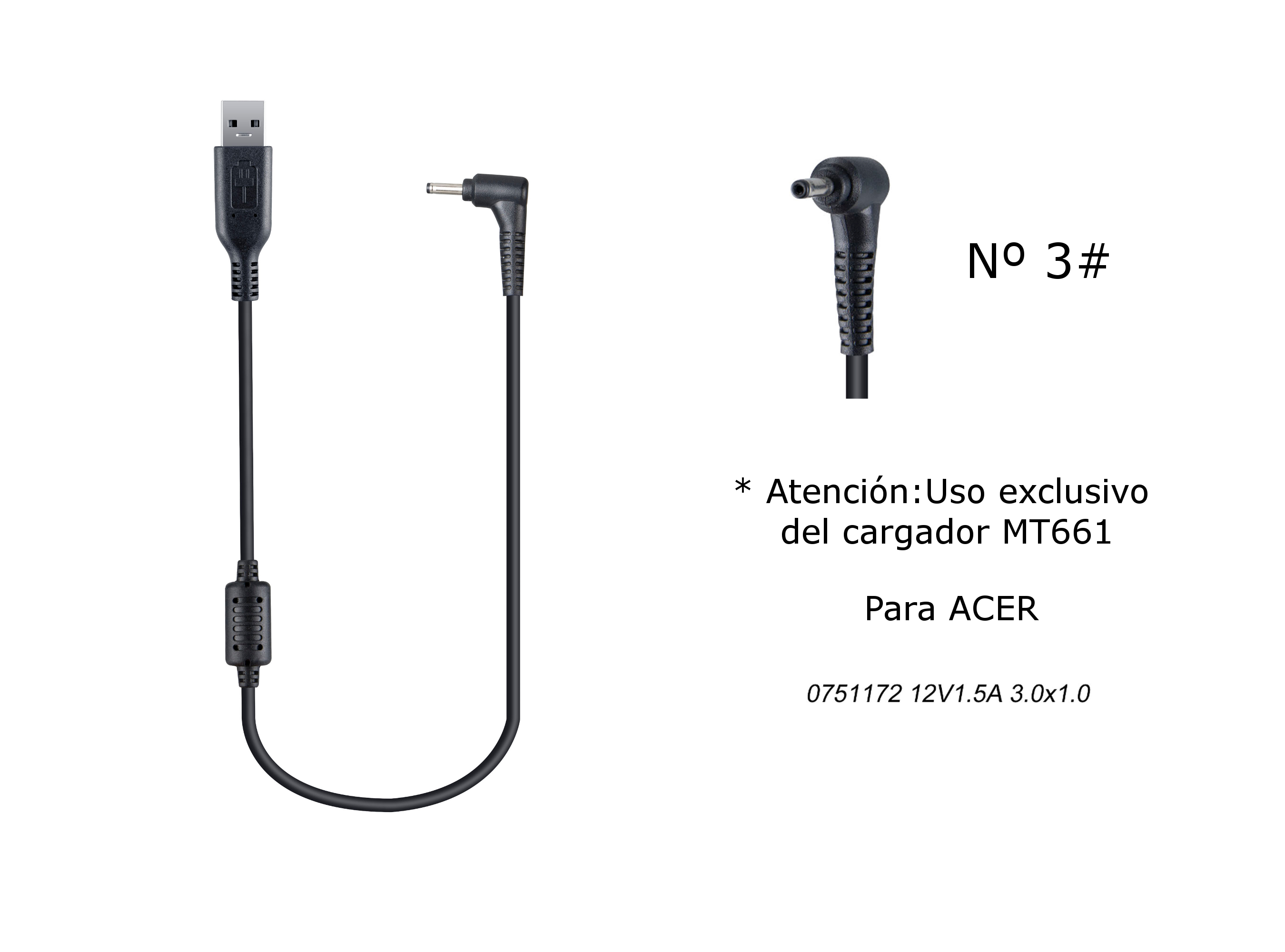 MT672 Cable de Cargador Portatil Nº 3# para ACER, 12V / 1,5A, 3,0*1,0mm