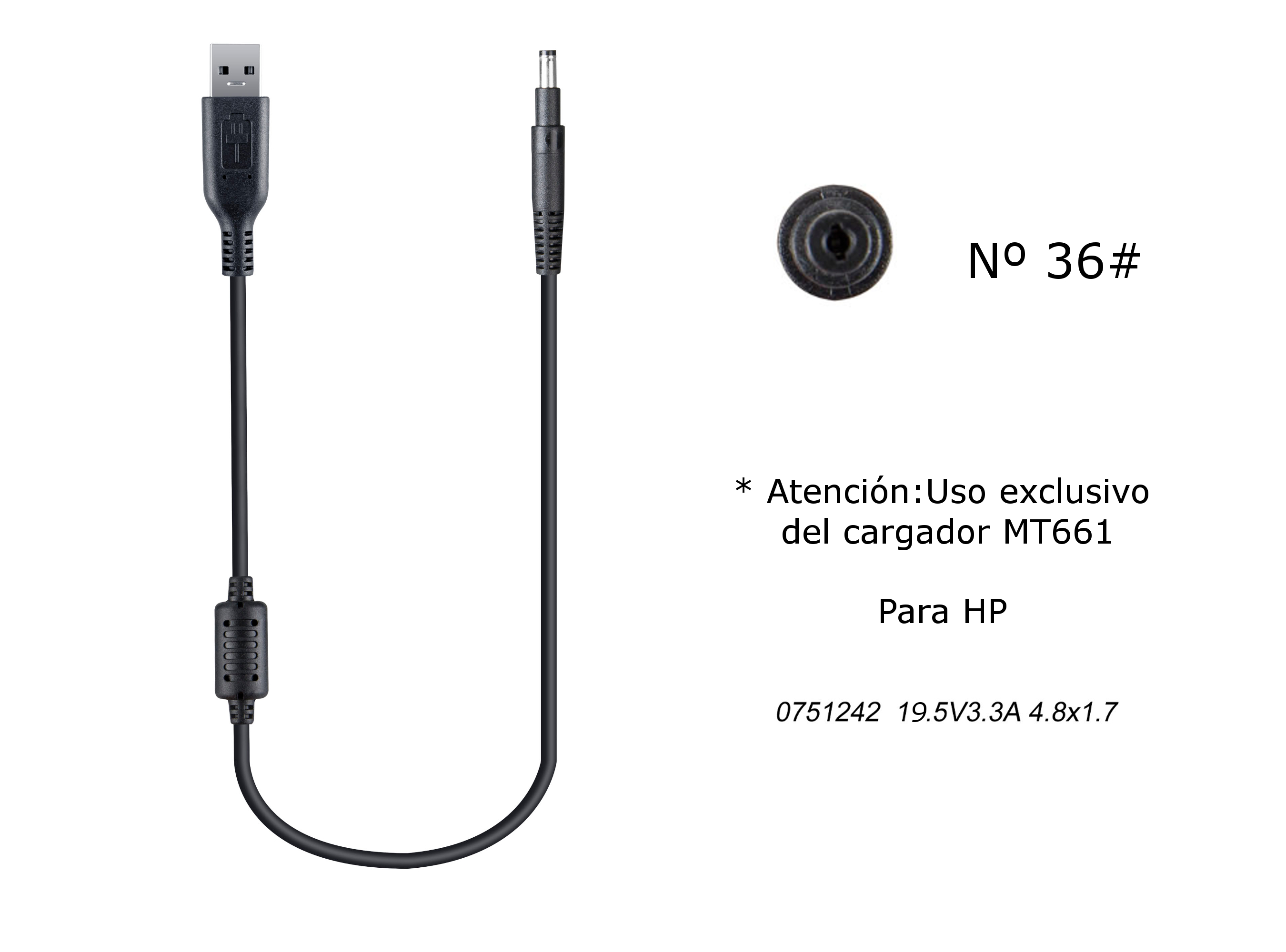 MT679 Cable de Cargador Portatil Nº 36# para HP, 19,5V / 3,33A, 4,8*1,7mm Largo