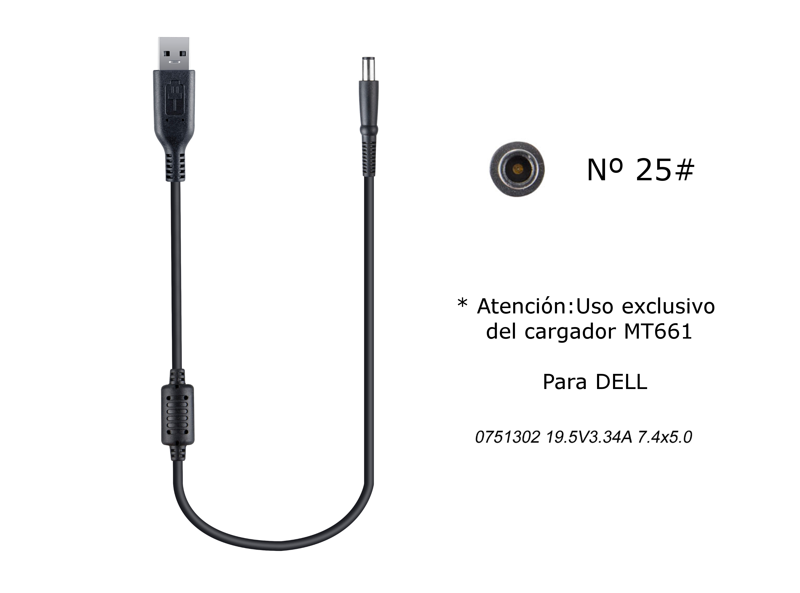 MT685 Cable de Cargador Portatil Nº 25# para DELL, 19,5V / 3,34A, 7,4*5,0mm