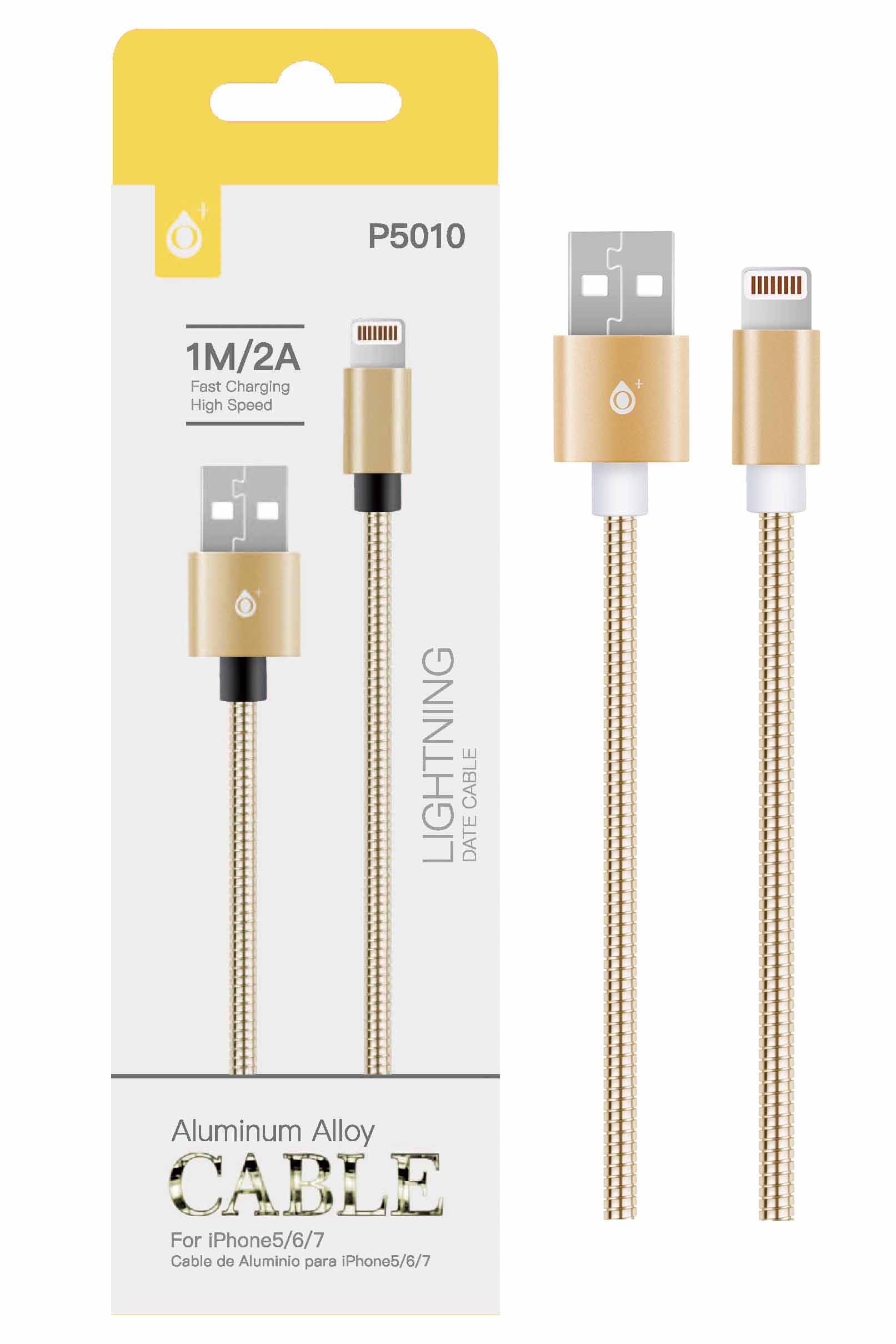 P5010 OR Cable de dato Merga Metalico para Iphone5/6/7 Oro, 2A, 1M