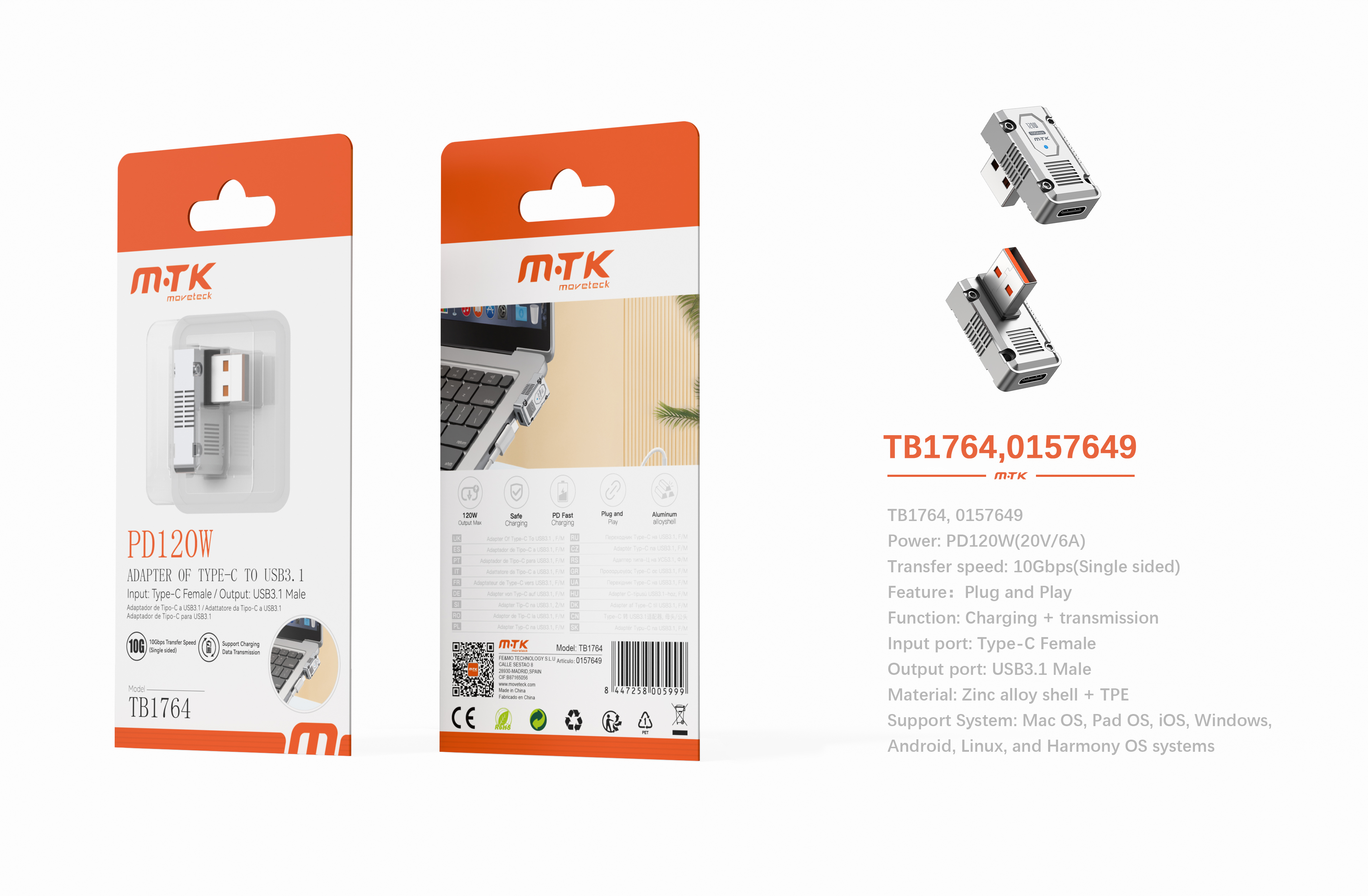 TB1764 GR Adaptador en T Type-C hembra a USB 3.1 Macho, PD