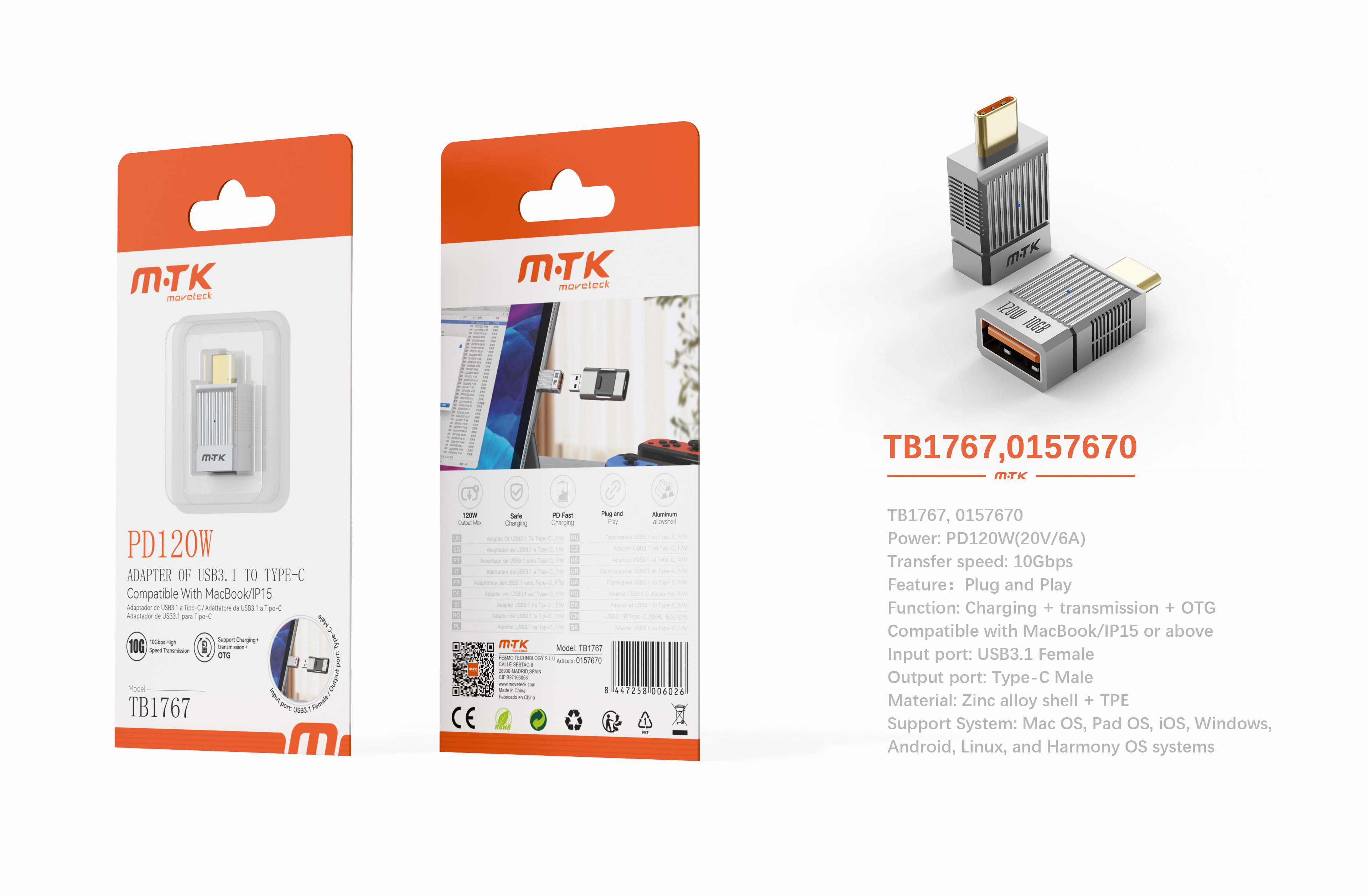 TB1767 GR Adaptador OTG USB 3.1 hembra a Type-C Macho, PD