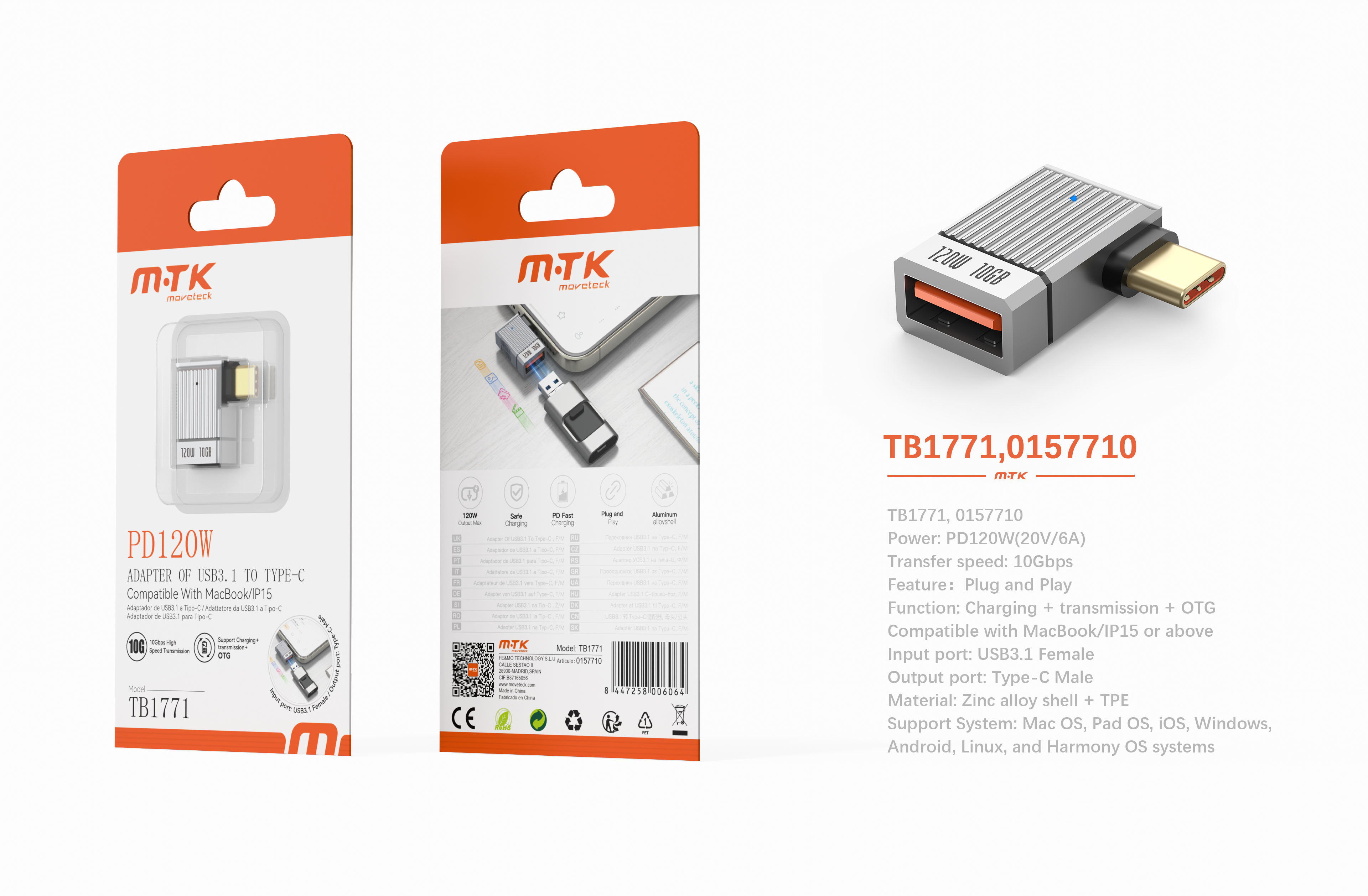 TB1771 GR Adaptador OTG en L USB 3.1 hembra a Type-C Macho, PD